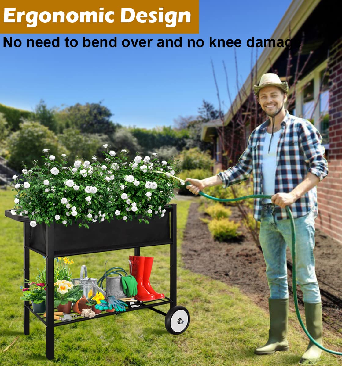 Koutemie Outdoor Raised Planter Bed Box with Legs for Gardening, Elevated DIY Garden Cart on Wheels for Vegetables Flower Tomato Herb Plant, Black Koutemie