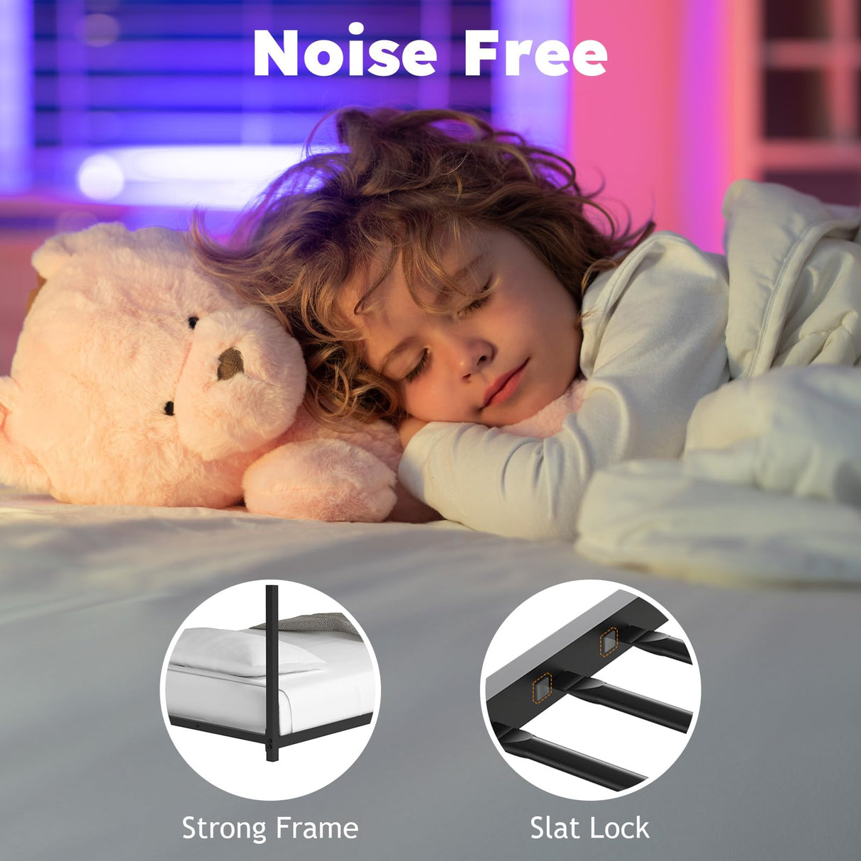 Zevemomo Twin Over Twin Bunk Bed, Metal Low Profile Bunkbeds with Full-Length Guardrail and Ladder, Space Saving, No Boxing Spring Needed, Black Zevemomo