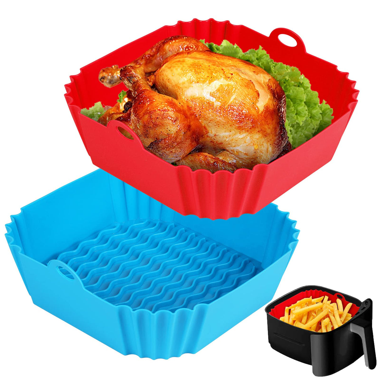 Boribim 2 PCS Square Silicone Air Fryer Liners - 8 Inch Reusable Air Fryer Pot - Air Fryer Accessories - Air Fryer Inserts for 4 to 7 QT Oven Microwave Accessories (Red + Blue) Boribim