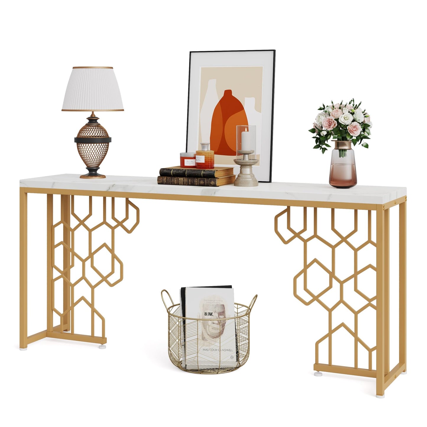 Tribesigns Modern Console Table, 70.87" Long Entryway Table for Living Room, Hallway, Entrance, Front Door, Foyer Sofa Table with Geometric Gold Frame & Faux Marble White Tabletop - WoodArtSupply