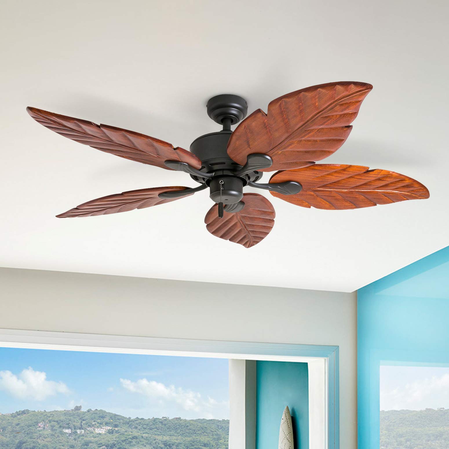 Honeywell Ceiling Fans Willow View, 52 Inch Tropical Indoor Ceiling Fan with No Light, Pull Chain, Three Mounting Options, Hand Carved Wooden Leaf Blades - 50501-01 (Bronze) - WoodArtSupply