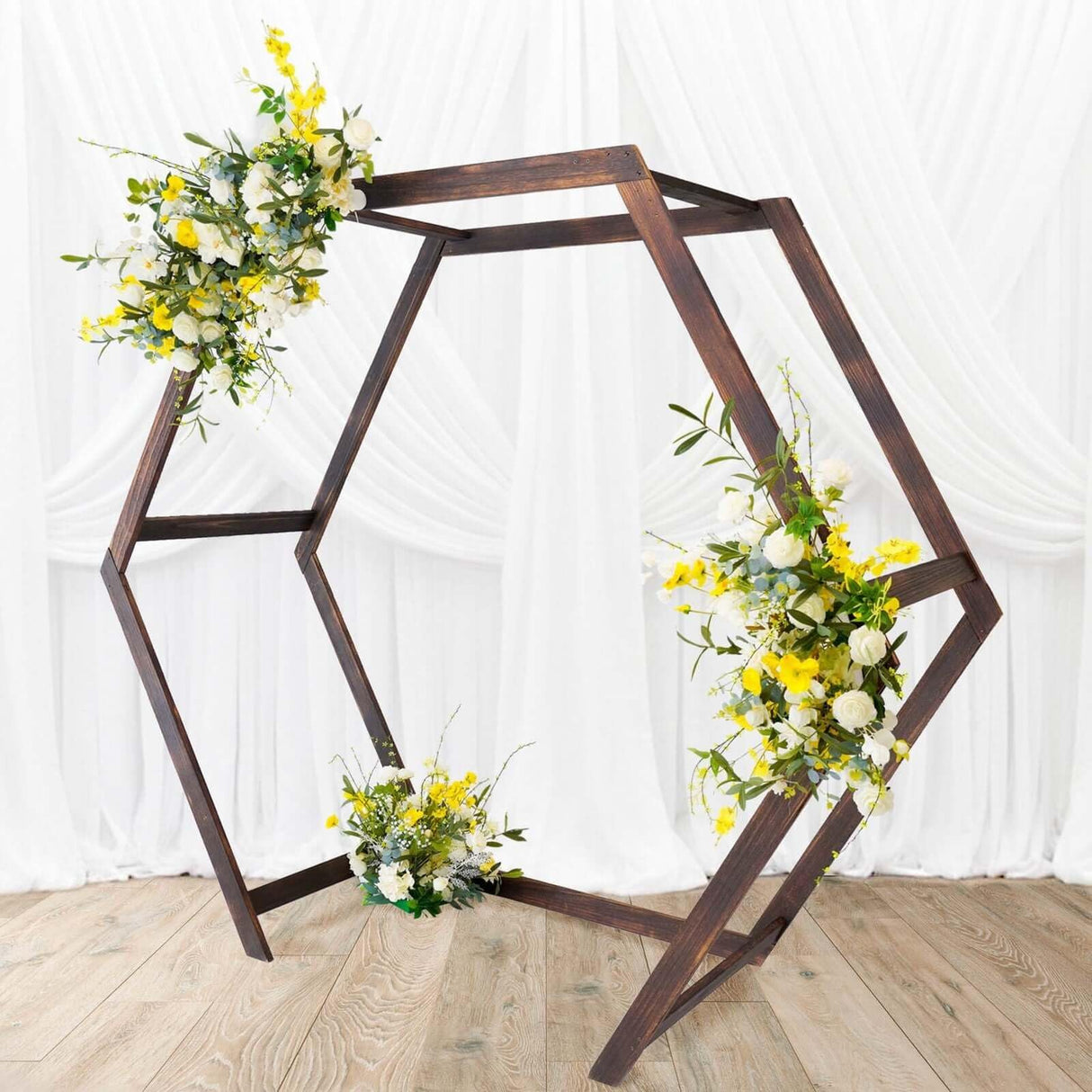 Tableclothsfactory 7FT Rustic Elegant Hexagonal Wooden Backdrop Stand | Heavy Duty Dark Brown Double Sided Wedding Arch Stand Tableclothsfactory