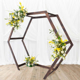 Tableclothsfactory 7FT Rustic Elegant Hexagonal Wooden Backdrop Stand | Heavy Duty Dark Brown Double Sided Wedding Arch Stand Tableclothsfactory