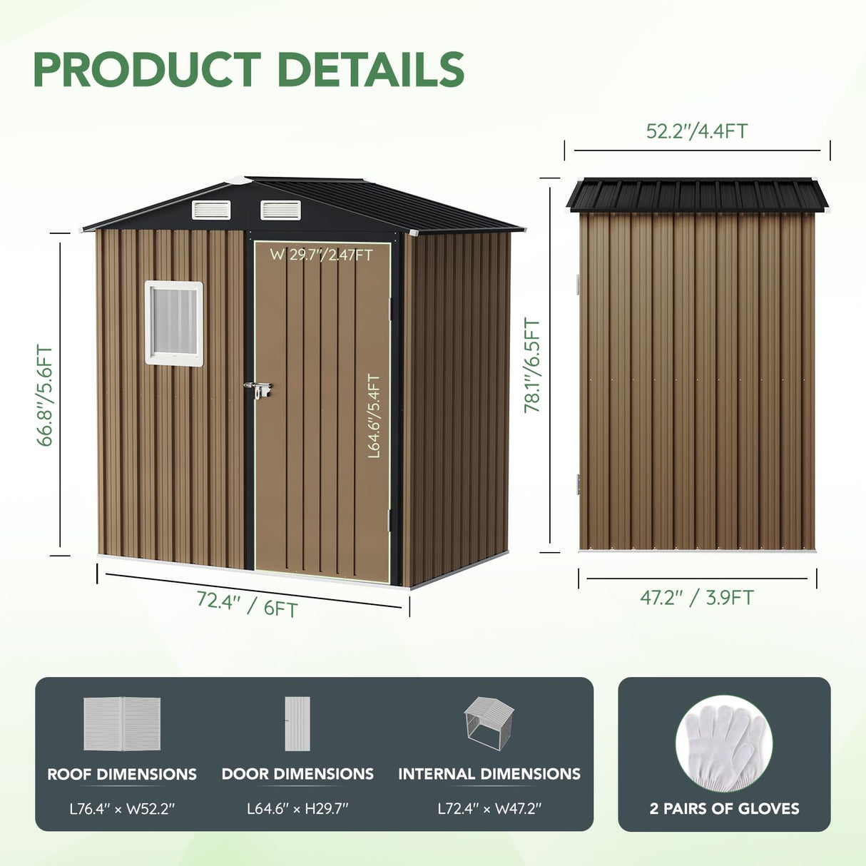 MistMo 6X4FT Outdoor Steel Storage Shed with Lockable Doors, One Window,Ideal for Garden, Backyard, Patio Storage,Brown Mistmo