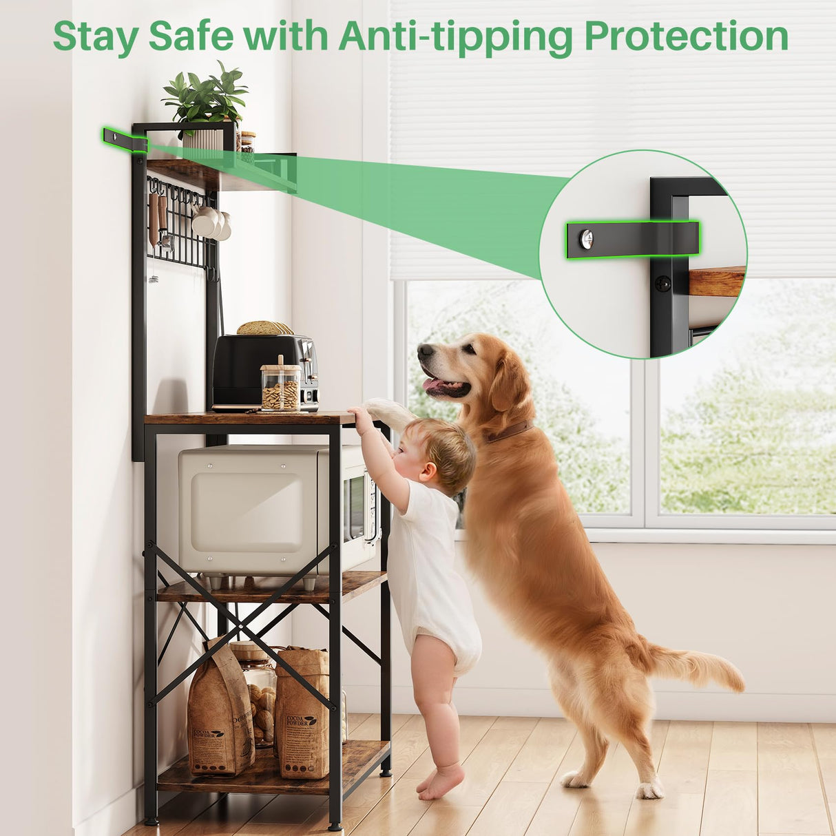 Bakers Rack with Power Outlet, Kitchen Shelves Microwave Stand with Wire Grid and 10 Hooks, 4 Tiers Coffee Stand (Rustic Brown, 23.5 x 15.6 x 52.8 Inches) SNTD