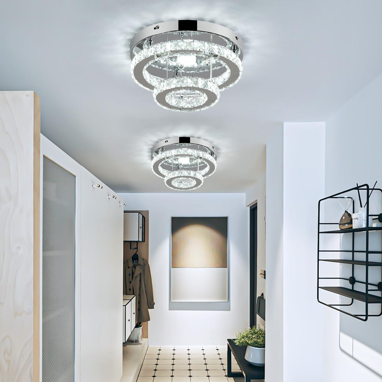 RHEAFON 9.8 Inch Mini Chandelier Light Fixture Round LED Crystal Ceiling Light Flush Mount Crystal Chandeliers for Bedroom Kitchen Foyer Closet Hallway Light, 6500K Cool White RHEAFON