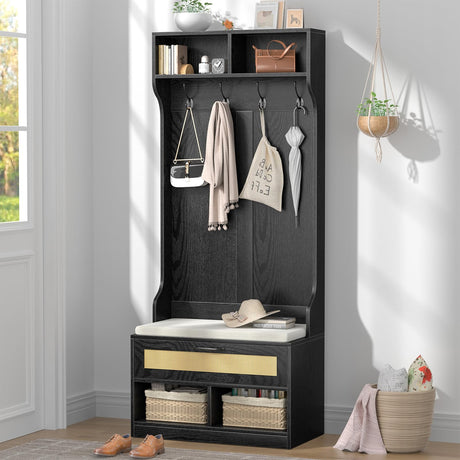 Anmytek Hall Tree with Bench and Shoe Storage, Farmhouse Entryway Bench with Coat Rack, 6 Compartments & 4 Hooks & Rattan Door, Shoe Storage Bench with Soft Cushion for Hallway, Living Room, Black Anmytek