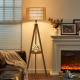LAMSU Boho Tripod Floor Lamps for Living Room, Rattan Wood Floor Lamp with Fabric Shades, Mid Century Standing Lamp with Shelf, Foot Switch, Modern Farmhouse Tall Lamps for Bedroom Office Brown LAMSU