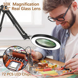 VUEJIC 10X Magnifying Glass with Light and Clamp, Magnifier with Light Hands Free3 Color Modes Stepless Dimmable, 72 LEDs Real Glass Lens Magnifying Lamp for Close Work, Repair, Reading, Craft VUEJIC