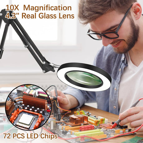 VUEJIC 10X Magnifying Glass with Light and Clamp, Magnifier with Light Hands Free3 Color Modes Stepless Dimmable, 72 LEDs Real Glass Lens Magnifying Lamp for Close Work, Repair, Reading, Craft VUEJIC