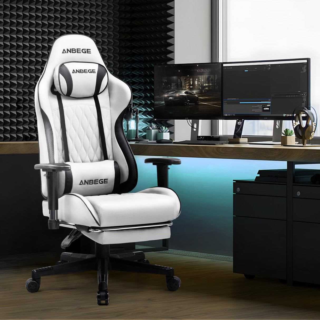 ANBEGE Gaming Chair, Ergonomic Computer Chair with Footrest and Lumbar Support,Office Chair Adjustable PU Leather Racing Executive Swivel Rolling Chair (White) ANBEGE