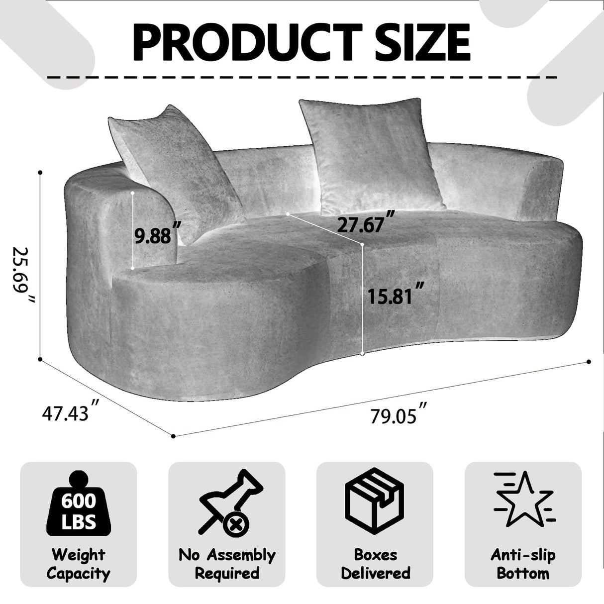 80“ Curved Loveseat for Small Spaces, White Curved Couches for Living room, Compression Sofa in a Box with 2 Pillows, Small Couch for Bedroom with Wide Armrest & Memory Foam, No Assembly Required Thctvous