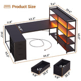 SEDETA L Shaped Gaming Desk, Reversible U Shaped Computer Desk with Power Outlet and Storage Shelves, Corner Gaming Desk with LED Lights, 3 Fabric Drawers, Black SEDETA