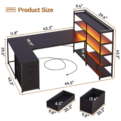 SEDETA L Shaped Gaming Desk, Reversible U Shaped Computer Desk with Power Outlet and Storage Shelves, Corner Gaming Desk with LED Lights, 3 Fabric Drawers, Black - WoodArtSupply