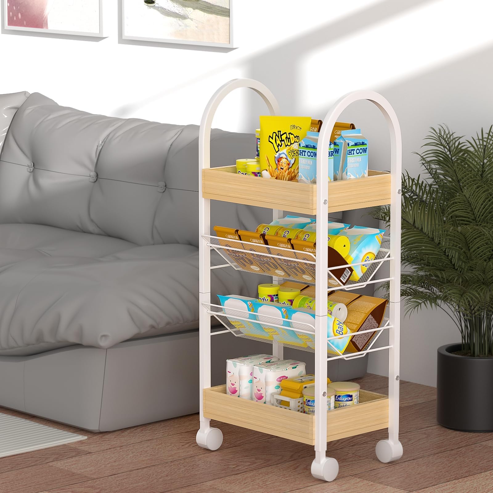 Small Kitchen Bathroom Organizer Cart - 4-Tier Narrow Rolling Cart Organizer with for Bookcase, Office,2 Metal Basket,2 Wooden Tray,Upgraded Version Arc Handle,9.5" D x 16.5" W x 28.5" H - WoodArtSupply