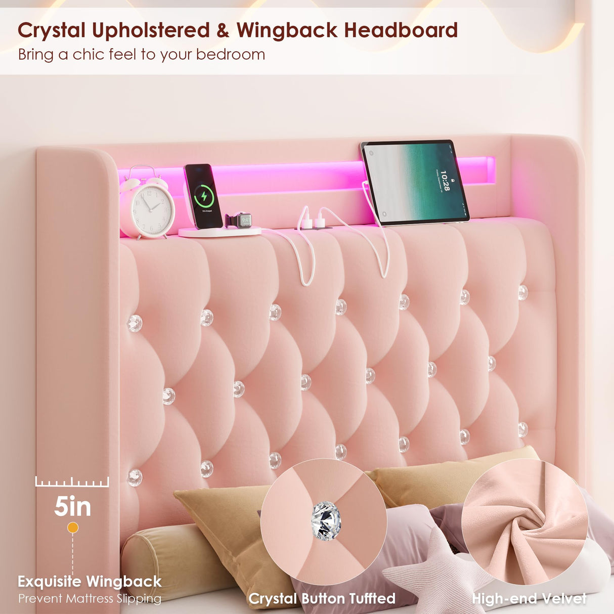 HIFIT Upholstered Twin LED Bed Frame with Charging Station Headboard & 4 Storage Drawers, Velvet Crystal Button-Tufted Princess Twin Size Platform Bed Frames for Kids/Girls, No Box Spring Needed, Pink HIFIT
