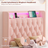HIFIT Upholstered Twin LED Bed Frame with Charging Station Headboard & 4 Storage Drawers, Velvet Crystal Button-Tufted Princess Twin Size Platform Bed Frames for Kids/Girls, No Box Spring Needed, Pink HIFIT