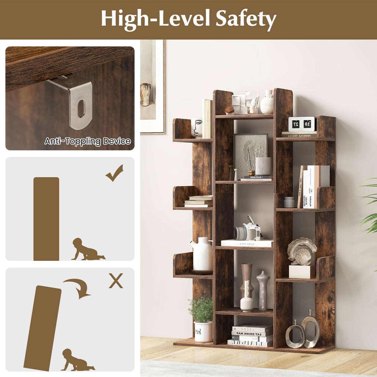 Tangkula Freestanding Tree Bookshelf, Corner Storage Organizer with 13 Open Shelves, Decorative Display Cube Shelf for Living Room, Study, Office, 34 x 9.5 x 55.5 Inch (1, Rustic Brown) Tangkula