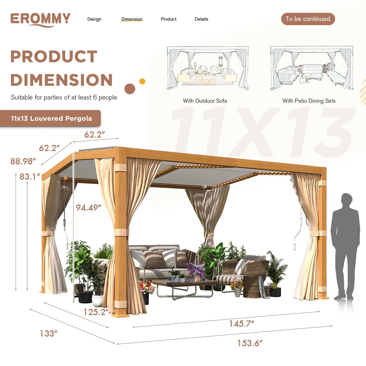 EROMMY Louvered Pergola 11'x13' Outdoor Hard Top Mansard Roof Gazebo with Aluminum Wooden Grain Frame and Adjustable Metal Rainproof Roof for Garden & Patio, Curtains and Netting Included, Wood Grain