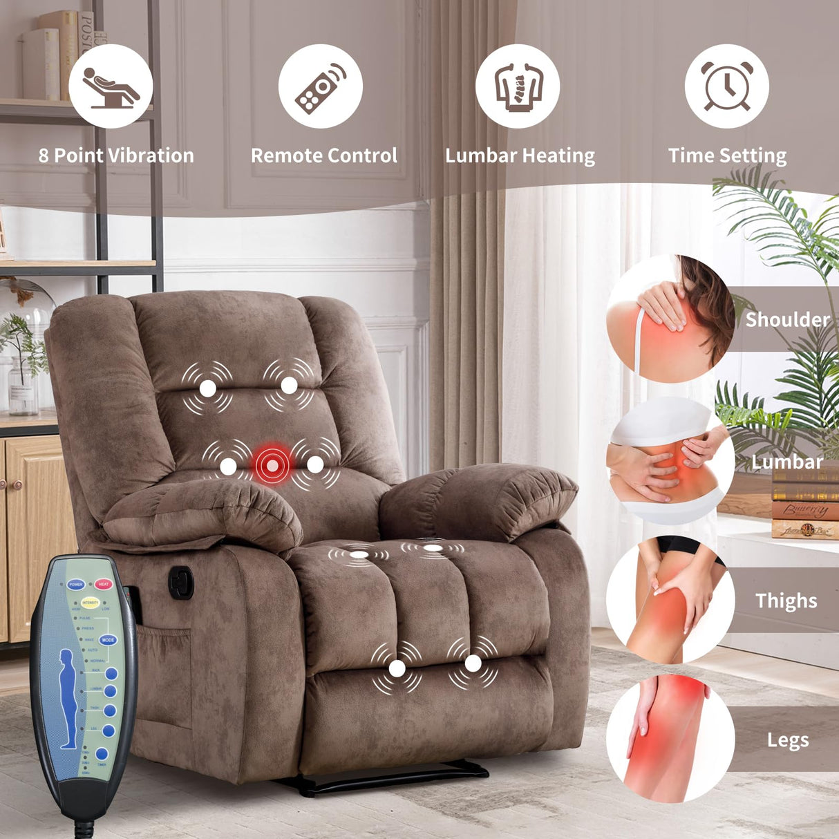 IOMOR Massage Recliner Chair with Heat and Massage, Soft Fabric Ergonomic Manual Reclining Chairs, Heavy Duty Reclining Sofa Chair with Side Pockets for Living Room (Tan) IOMOR