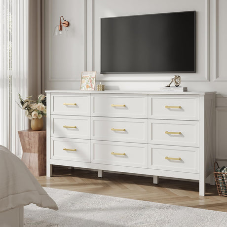 BAZELOR Farmhouse 9 Drawers Dresser for Bedroom, Wood Rustic Wide Dressers with Gold Handles, Wood Chest for Bedroom, Hallway, Entryway, White BAZELOR