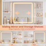 DICTAC Makeup Vanity Desk with Sliding LED Lighted Mirror, 47.2"W Large Vanity Desk with Drawers, Shelves and Side Storage, RGB Glass Cabinet, White Vanity Table Set with Charging Station for Bedroom DICTAC