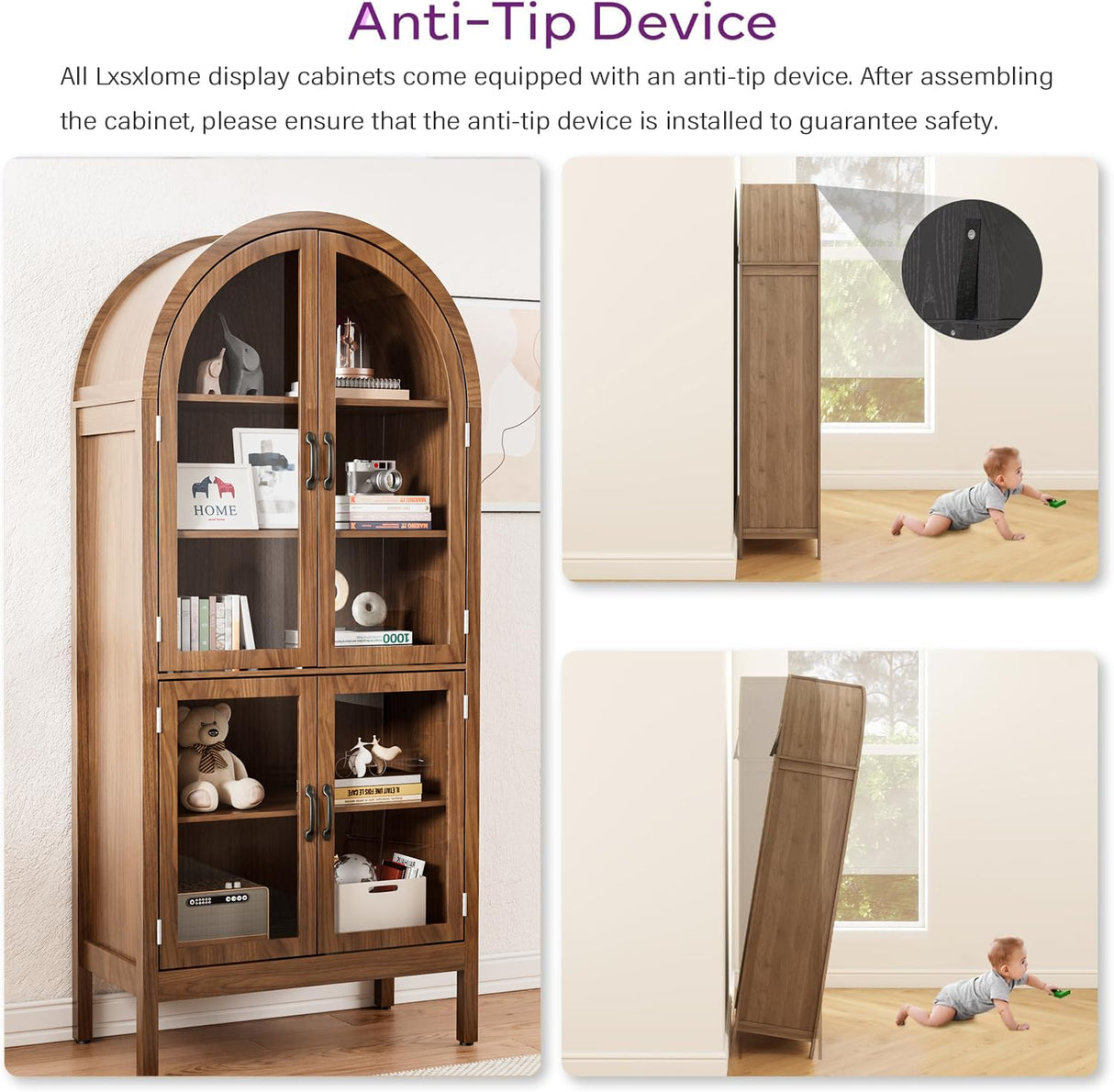 70.9'' Tall Arched Display Cabinet with Acrylic Glass Doors, Modern 5-Tier Arched Bookcase, Kitchen Pantry Storage Cabinet Curio Cabinets for Living Dining Room (Walnut, 31.5‘’W) Lxsxlome