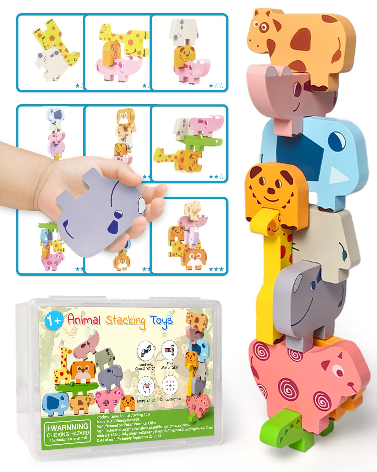 Vaiheng Toys for Toddlers 1-3, Montessori Toys for 1 2 3 4 Year Old Boys & Girls, Toys Age 2-4 0-2 Kids Baby, 1 2 3 Year Old Girls Boys Gifts, Wooden Animal Blocks Stacking Education Puzzles Toys Vaiheng
