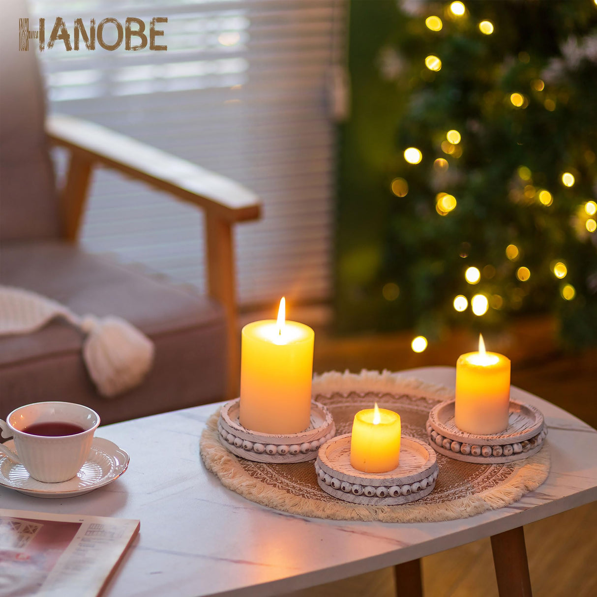 Hanobe Wood Plate Candle Holder: Small Candle Plate Set of 3 Decorative White Washed Beaded Candle Tray Round Candle Stick Holders Farmhouse Table Centerpiece for Fireplace Dining Room Home Decor Hanobe