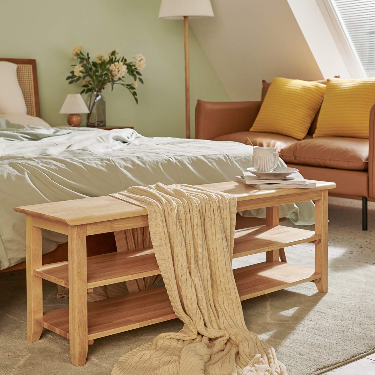 XKZG Storage Bench Wooden Shoe Bench Simple Style Wood Entryway Bench Shoe Rack (Natural,47.2") XKZG