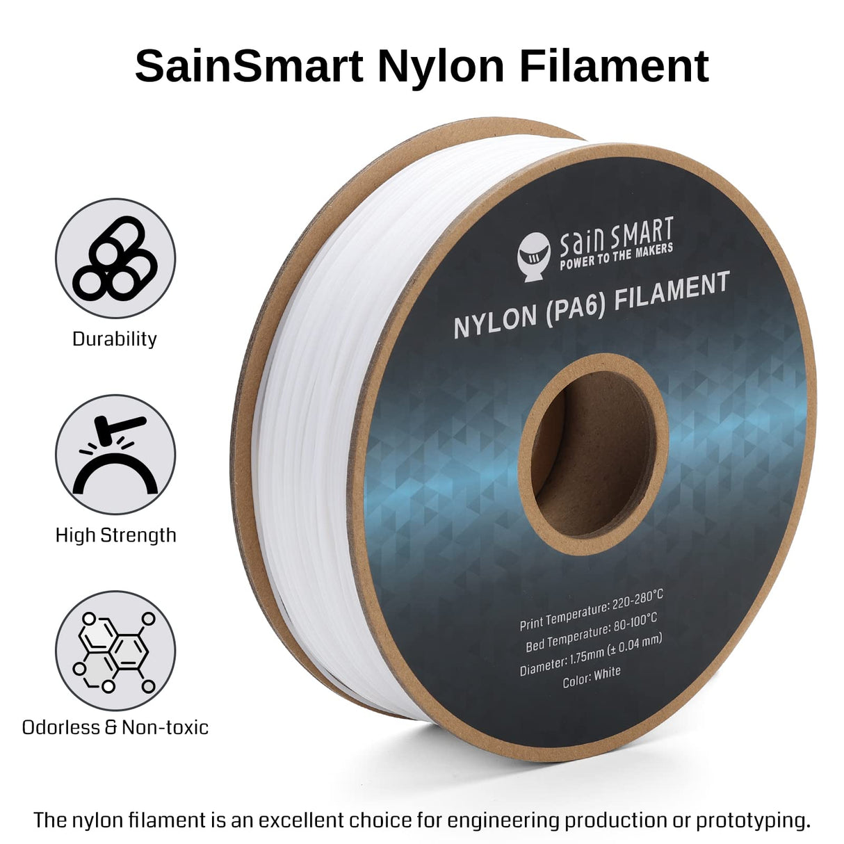 SainSmart PA6 Nylon Filament 1.75mm 3D Printer Filament, 1kg Cardboard Spool(2.2lbs), Dimensional Accuracy +/- 0.04 mm, Fit Most FDM Printer (White) SainSmart