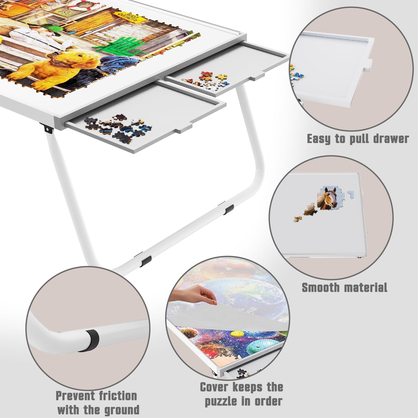 Puzzle Table 1500 Pieces,Jigsaw Puzzle Table Metal,Puzzle Table with Drawers,Puzzle Board with Legs,Grey and White Color,Puzzle Tables for Adults,Jigsaw Puzzle Board with Drawers - WoodArtSupply