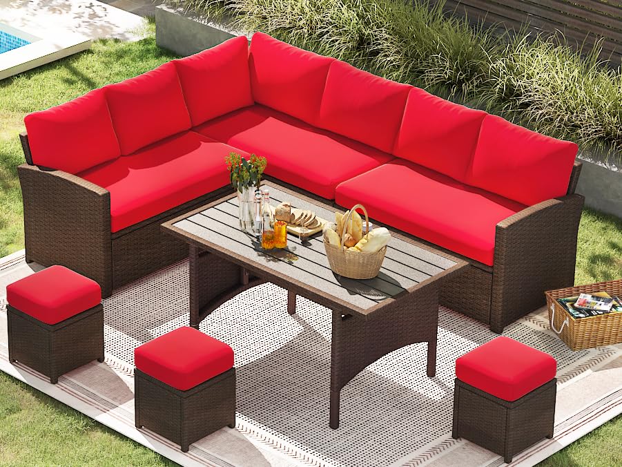 U-MAX Outdoor Patio Furniture Set,7 Piece Patio Sectional Sofa Set with Dining Table All-Weather Wicker Patio Conversation Sets(Brown Rattan & Red Cushion) U-MAX