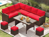 U-MAX Outdoor Patio Furniture Set,7 Piece Patio Sectional Sofa Set with Dining Table All-Weather Wicker Patio Conversation Sets(Brown Rattan & Red Cushion) U-MAX