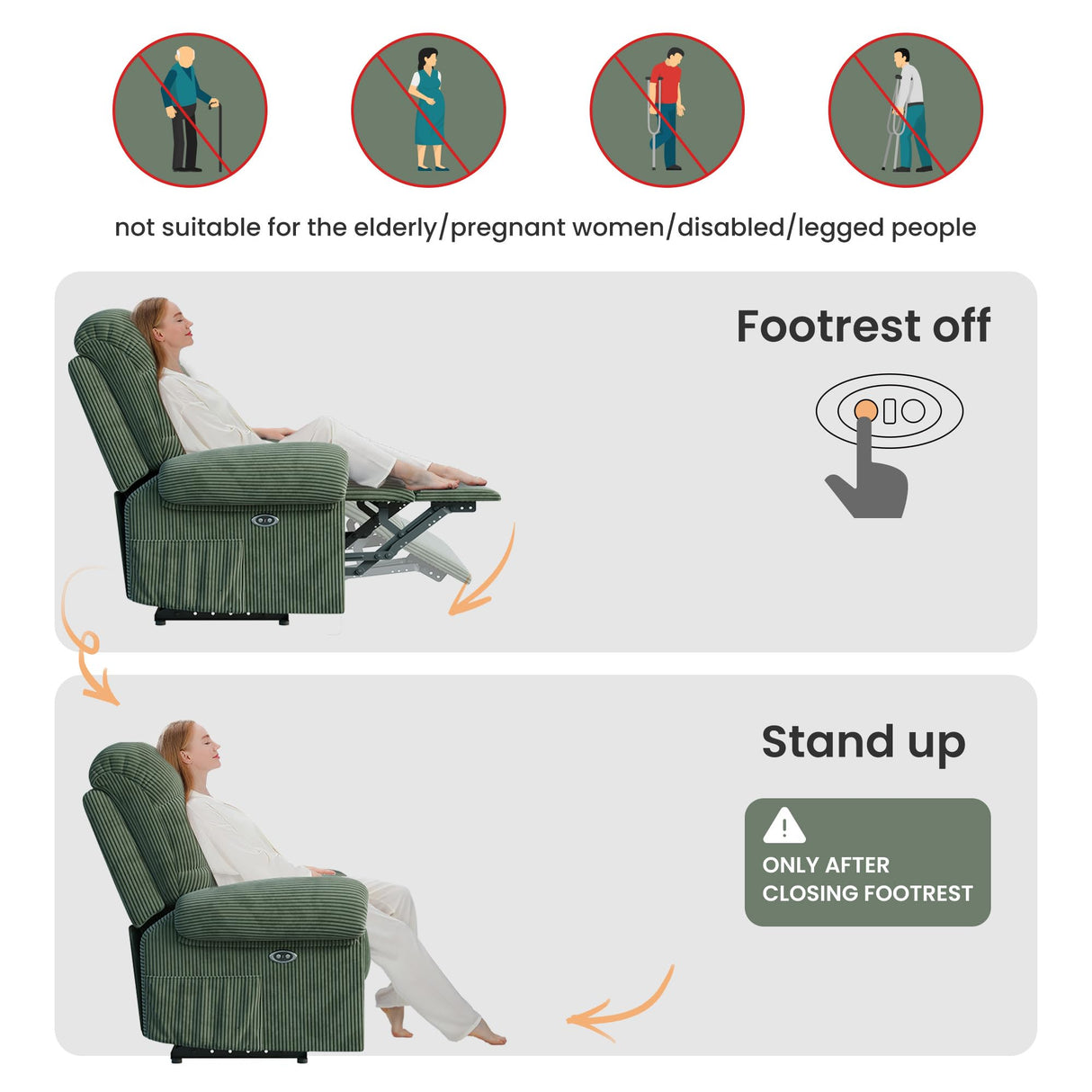 Welzona Updated Power Recliner Chair, Adjustable Electric Recliner Chairs for Adults, Ultra-Comfy Corduroy Recliner Chair for Small Space, Tool-Free Assembly, 2 Side Pockets and USB Port, Green Welzona