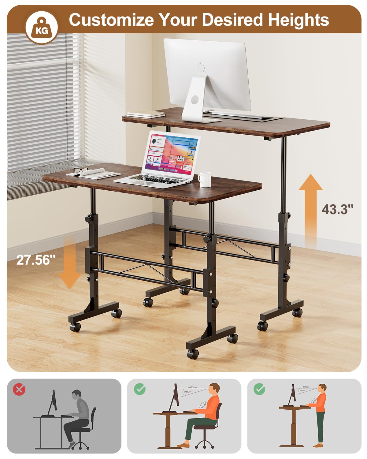 Small Standing Desk Adjustable Height, Mobile Stand Up Desk with Wheels, 32 Inch Portable Rolling Desk Small Computer Desk, Portable Laptop Desk Standing Table Rustic