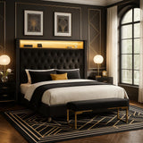 Jocisland King Size Bed Frame 53.6'' Tall Storage Headboard with LED Lights & Charging Station, Velvet Upholstered Button Tufted Wingback Platform Beds, No Box Spring Needed, USB Ports, Black Jocisland