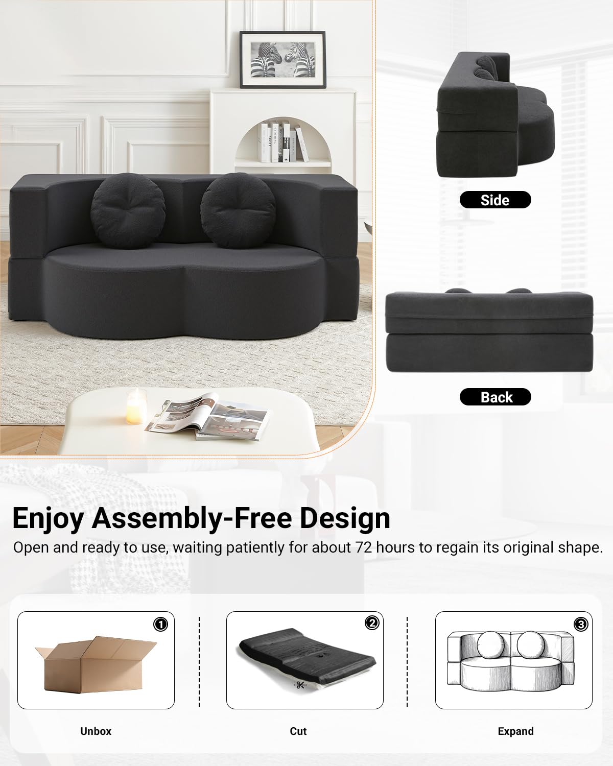 HANXIN Futon Twin Size Sofa Bed, 76 Inch Boneless Couch for Living Room, Floor Loveseat Sleeper with Pull Out Bed, 2-in-1 Folding Convertible Couch Bed for Small Space, Bedroom (Black) HANXIN