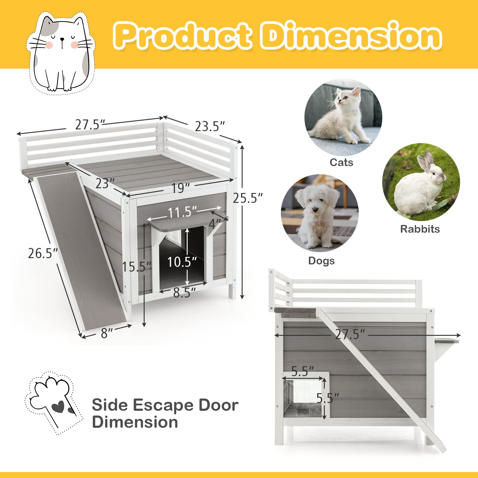 Tangkula 2-Story Outdoor Cat House, Feral Kitty Houses with Escape Doors, PVC Curtains, Cat Balcony, Cat Condo, Wide Side Ladder, Outdoor Indoor Cat Shelter Weatherproof for Home, Patio - WoodArtSupply