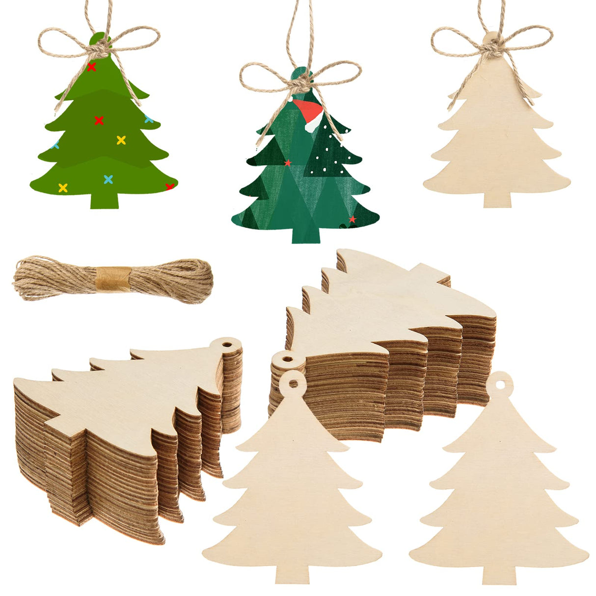 72 Pieces Wooden Christmas Tree Cutouts Crafts Embellishments Unfinished Christmas Tree Hanging Ornaments Blank Christmas Tree Wood Cutouts Slice with Ropes for DIY Crafts Christmas Xmas Decoration AWIZOM