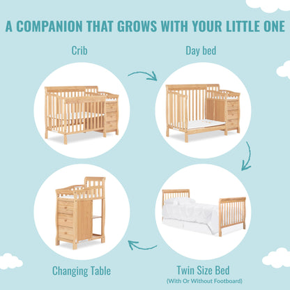 Dream On Me Jayden 4-in-1 Mini Convertible Crib And Changer in Natural, Greenguard Gold Certified, Non-Toxic Finish, New Zealand Pinewood, 1" Mattress Pad