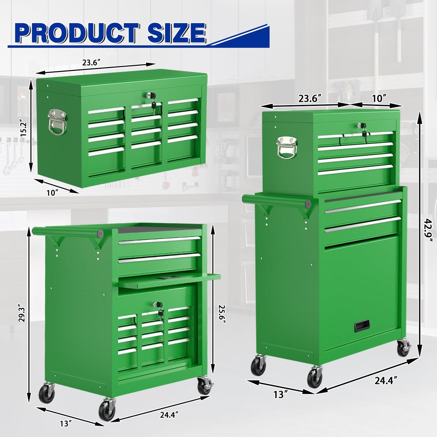 Kieperi 8-Drawer Large Capacity Rolling Tool Box, Tool Box with Wheels, Removable Rolling Tool Chest with Wheels and Drawers, Tool Cabinet with Lock for Workshop Mechanics Garage (Green) - WoodArtSupply