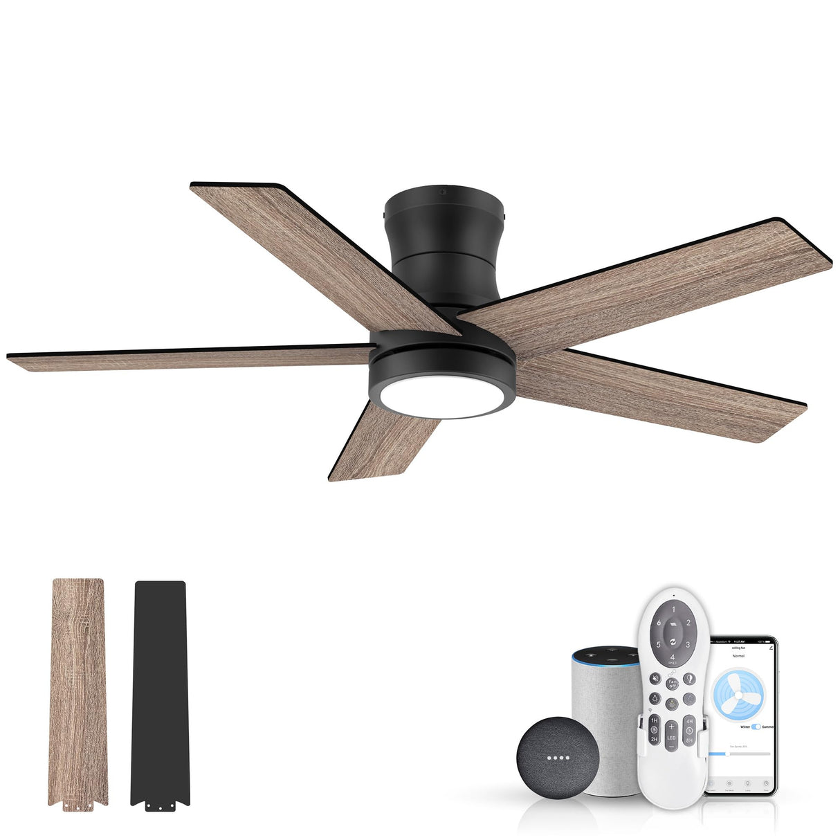 42In Smart Low Profile Ceiling Fan with Lights Remote,Controll by Voice WIFI Alexa App,Quiet DC Motor,Outdoor Indoor Flush Mount Ceiling Fans,Modern Black Walnut Fan for Bedroom Patio Porch Lorpies