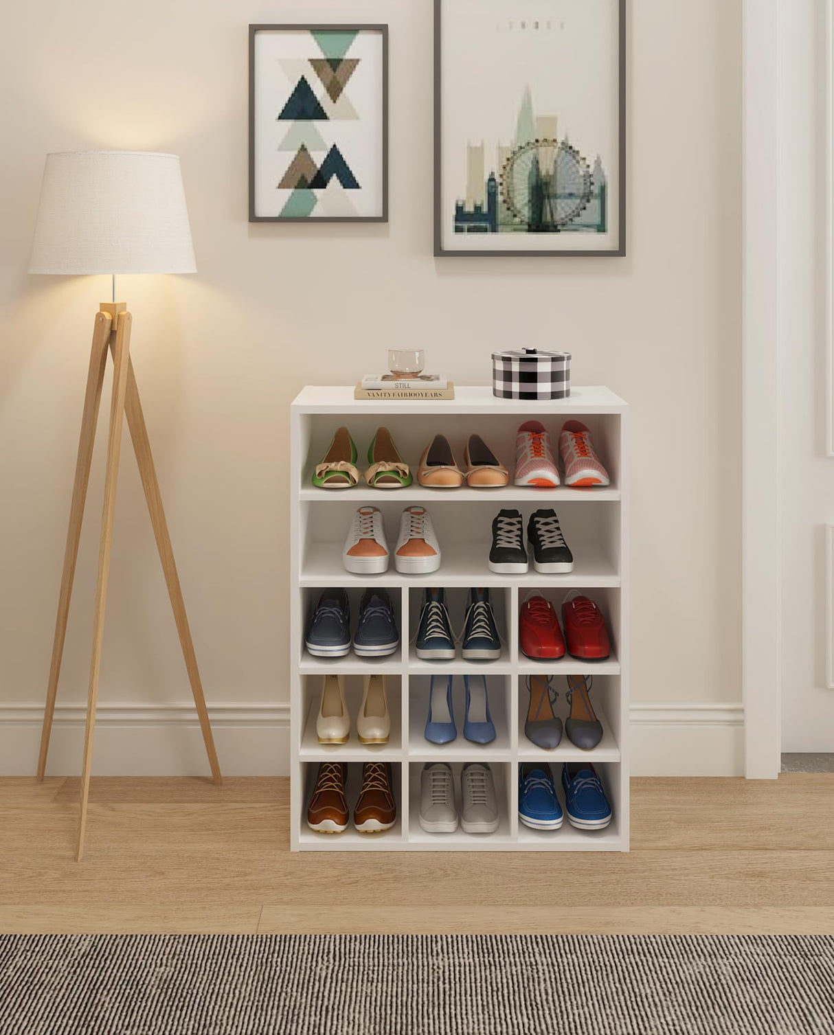 HAIOOU Shoe Cubby, 9-Cube Stackable Wood Shoe Rack Organizer 5-Tier Freestanding Wooden Shoe Stand with 2 Storage Shelf for 10-15 Pairs, Ideal for Apartment, Entryway, Closet Organization - White HAIOOU