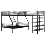 Twin Over Full Bunk Bed with Twin Loft Bed, L-Shaped Triple Bunk Bed with Storage Shelves, 3 Bunk Beds with Ladder and Full Length Guardrails, (Black Twin Over Full Shlef) Bellemave