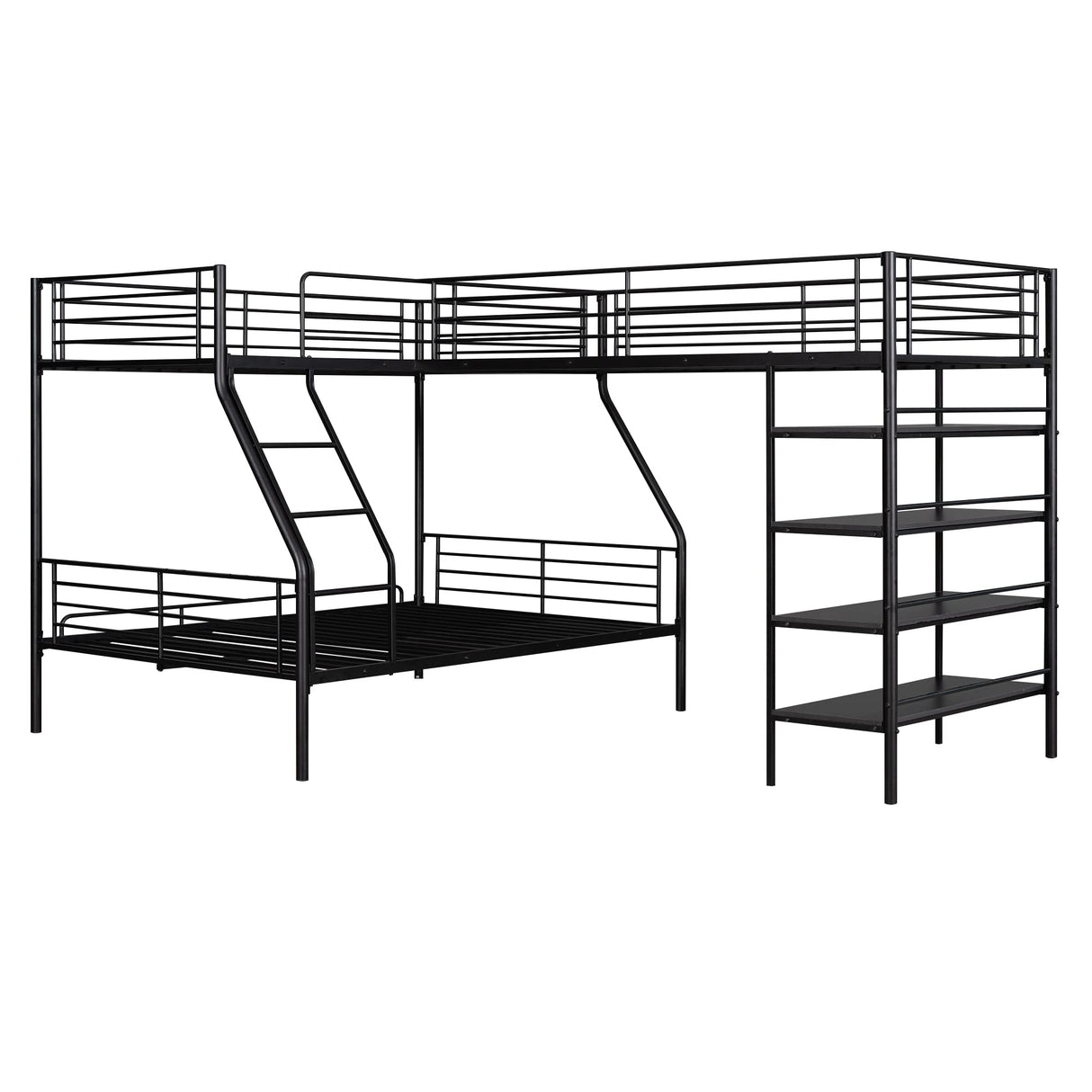 MERITLINE Metal L-Shaped Bunk Bed,Triple Bunk Beds for Three, Twin Over Full Bunk Bed Attached A Twin Loft Bed with Four Built-in Shelves Underneath,3 Bunk Beds for Kids Boys Teens,Black MERITLINE