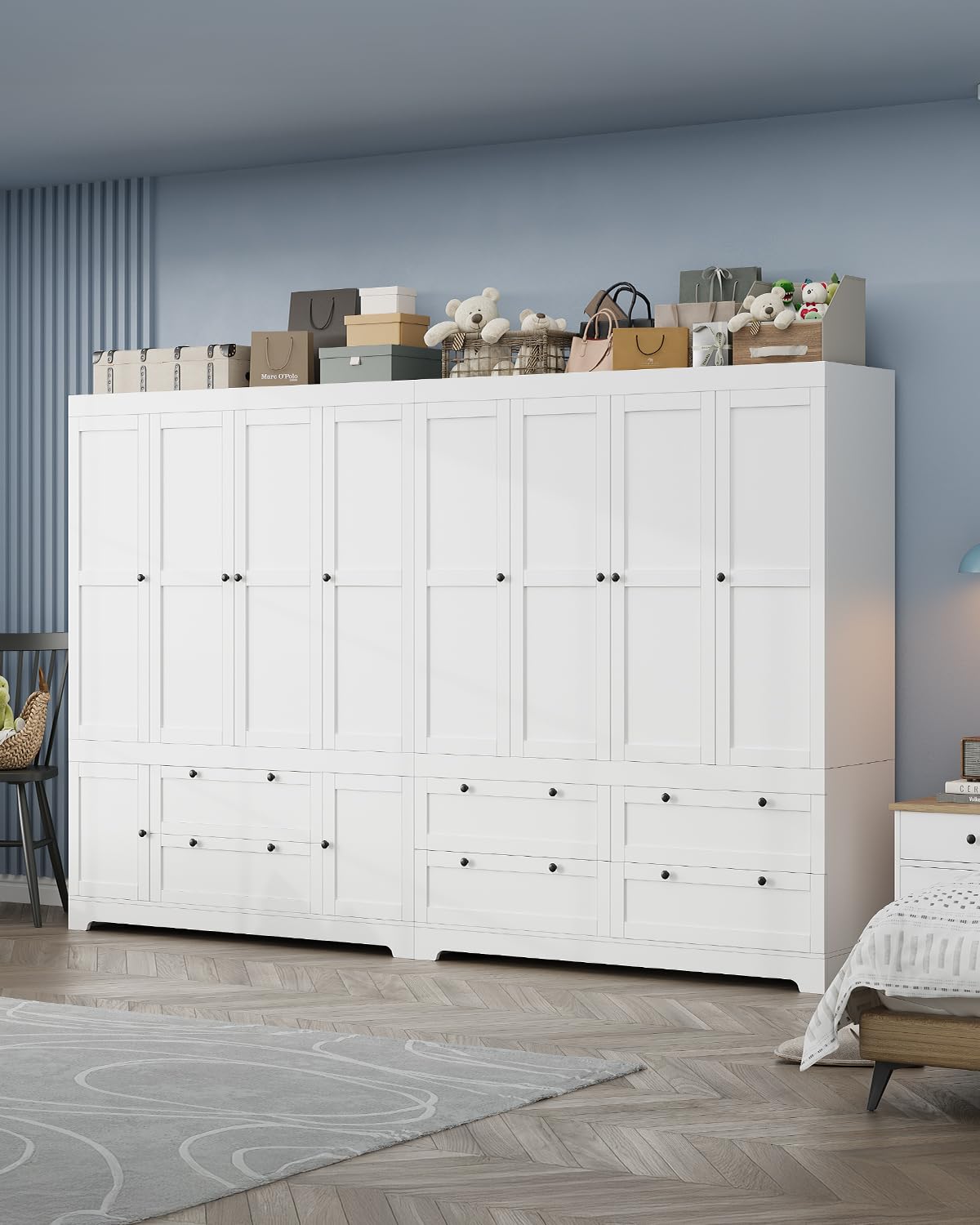 8 Door Large Wardrobe Closet 71" Tall White Wooden Freestanding Storage Armoire – Oversize Capacity Modular Cabinet with Drawers, Space-Saving Durable Design for Bedroom & Closet Organization Buenhomino