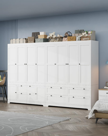 8 Door Large Wardrobe Closet 71" Tall White Wooden Freestanding Storage Armoire – Oversize Capacity Modular Cabinet with Drawers, Space-Saving Durable Design for Bedroom & Closet Organization Buenhomino