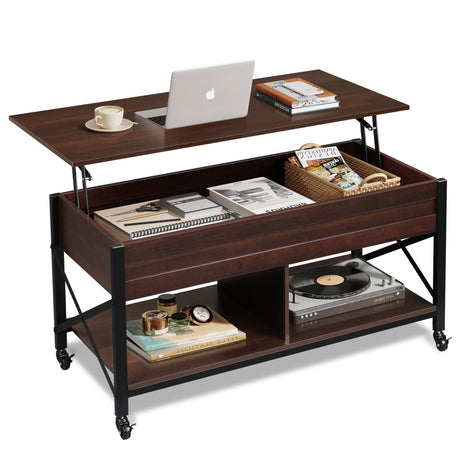 WLIVE Lift Top Coffee Table for Living Room, Coffee Table with Storage, Hidden Compartment and Metal Frame, Central Table with 4 Casters for Reception Room, Espresso WLIVE