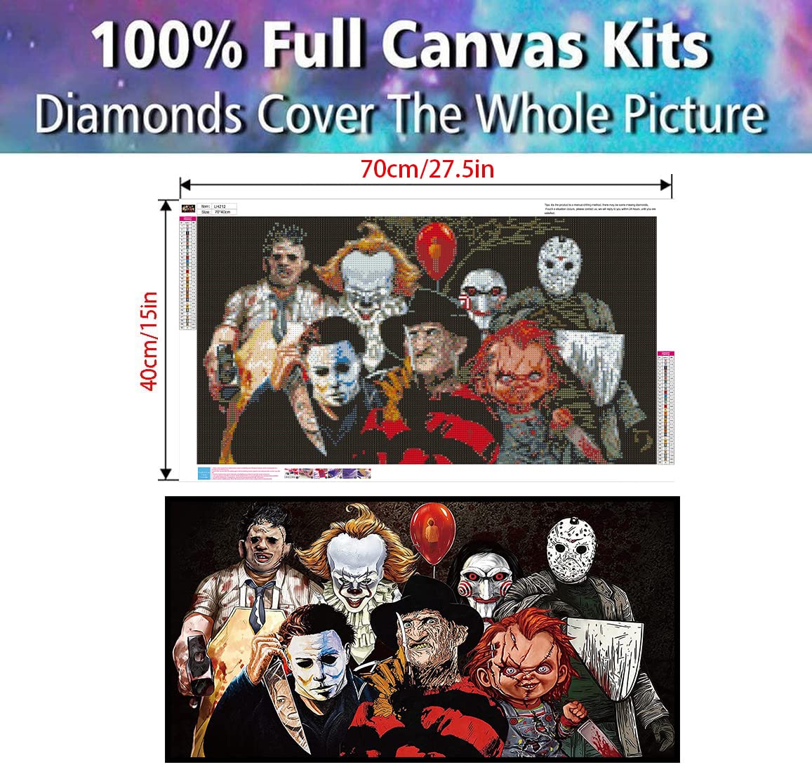 KYOQFVN Halloween Diamond Painting Kits for Adults,5D Full Round Diamond Halloween Clown Diamond Art Kit, Large Dots Diamond Painting for Beginners, DIY Beads for Home Wall Decor, 27.5" x 15" KYOQFVN